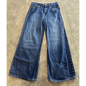 GAP Studded Wide-Leg Jeans 8/29R High-Rise Super-Soft Dark Indigo Wash Grunge